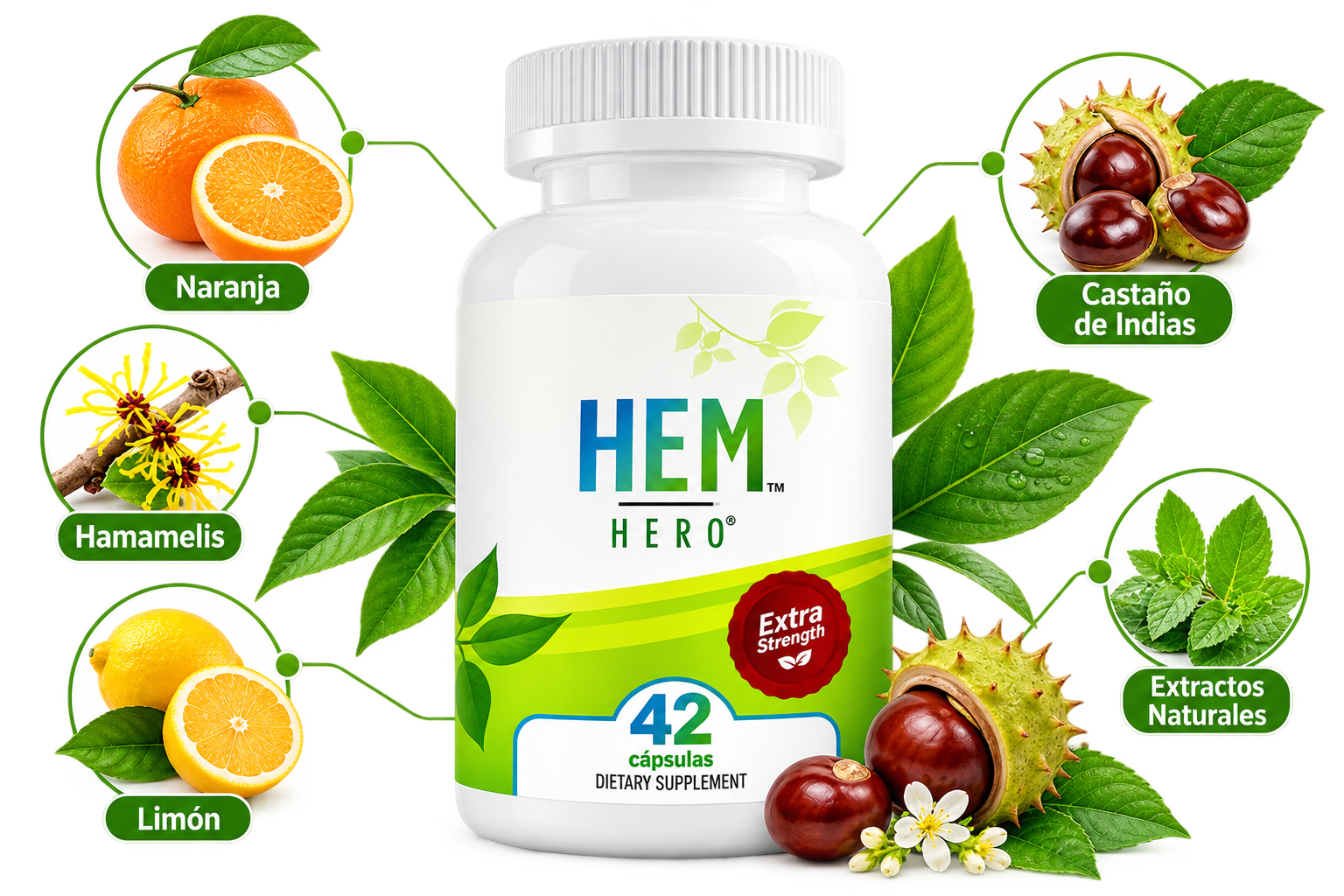Presentación de HEM HERO junto a sus ingredientes